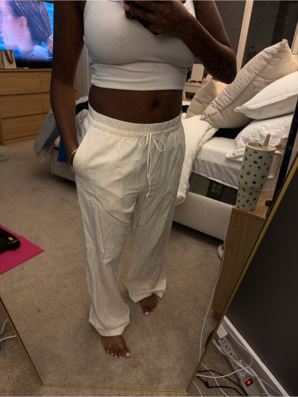 H&M Cream Wide-Leg Drawstring Pants